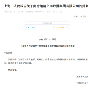 上海市政府：同意組建上海數(shù)據(jù)集團(tuán)有限公司